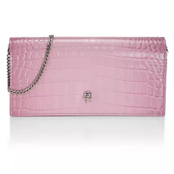 Alexander McQueen Croc-Embossed Leather Wallet-On-Chain Antic Pink - Picture 1 of 13